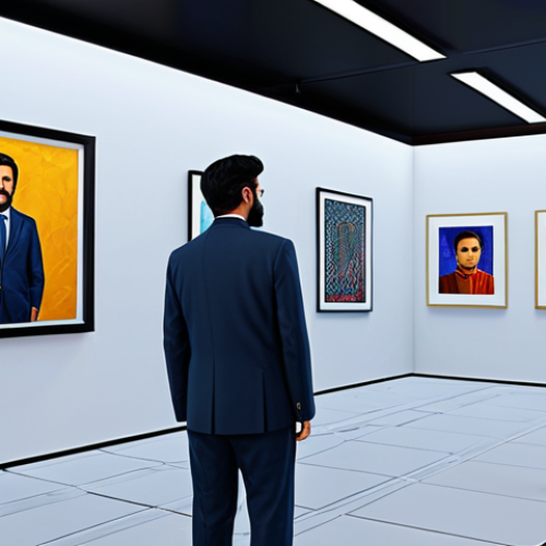 Home 4 **
"A digital painting showcasing a Pakistani artist in a modern virtual gallery within the metaverse, fully clothed in professional attire, exhibiting their NFT artwork. The scene includes diverse avatars admiring the art. Bright, futuristic aesthetic, perfect anatomy, correct proportions, family-friendly, safe for work, appropriate content, modest clothing, professional digital illustration."
**