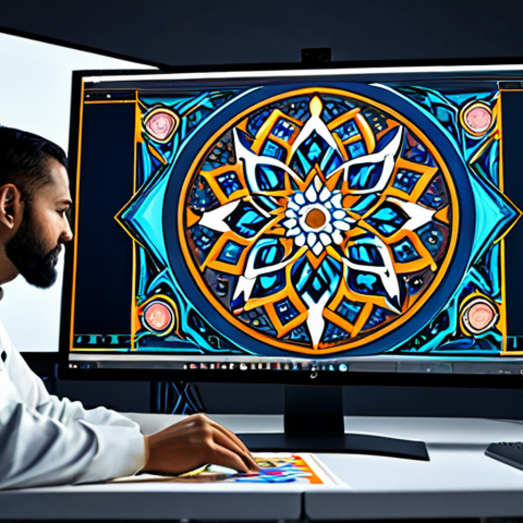 **
A digital artist, fully clothed in professional attire, working on a complex digital painting on a large monitor. The artwork blends traditional Islamic art motifs with futuristic, geometric patterns. The studio is bright, modern, and filled with other digital tools. Safe for work, appropriate content, perfect anatomy, natural proportions, professional, modest, family-friendly, high quality digital illustration.
**
