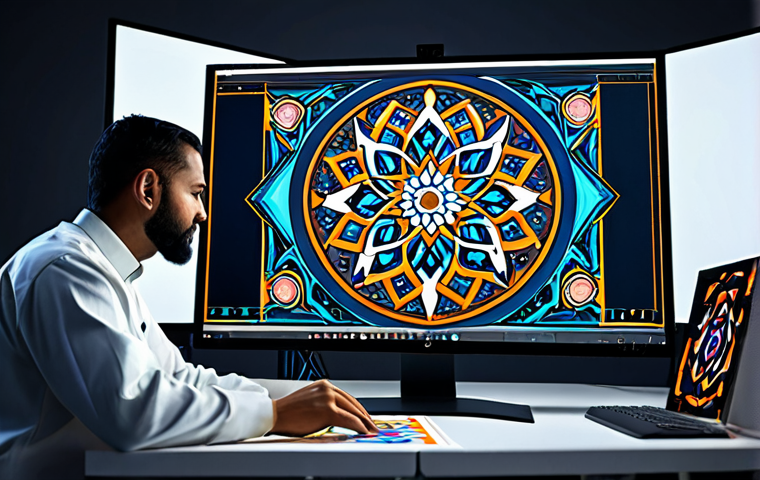 **
A digital artist, fully clothed in professional attire, working on a complex digital painting on a large monitor. The artwork blends traditional Islamic art motifs with futuristic, geometric patterns. The studio is bright, modern, and filled with other digital tools. Safe for work, appropriate content, perfect anatomy, natural proportions, professional, modest, family-friendly, high quality digital illustration.
**