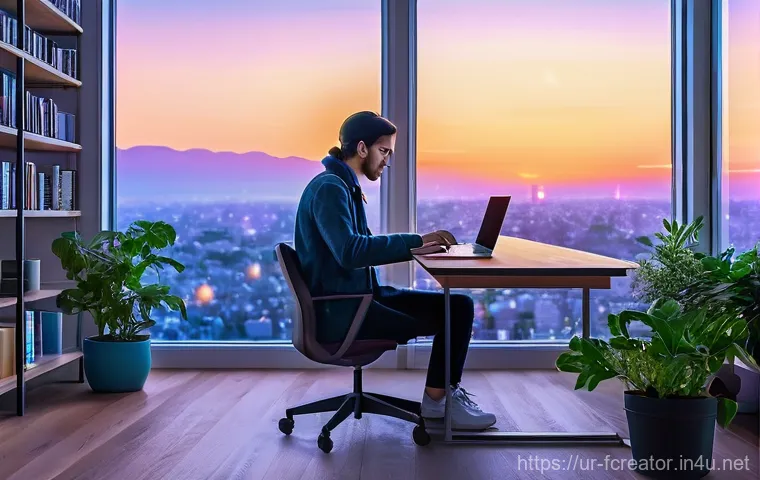 AI와 콘텐츠 제작의 융합 - **Prompt: "A serene, modern home office setting at twilight. A young adult, casually but fully dress...