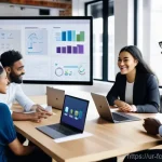 디지털 창작에서의 협업과 공유 - **Prompt:** A diverse team of professionals, including men and women of various ethnicities, collabo...