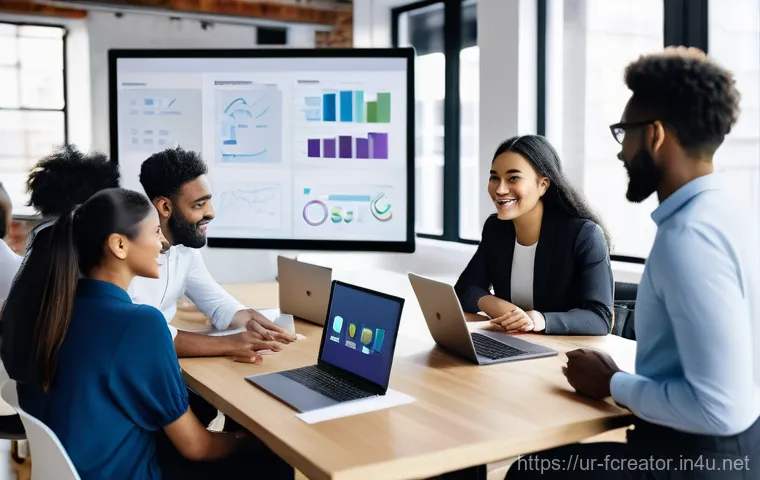 디지털 창작에서의 협업과 공유 - **Prompt:** A diverse team of professionals, including men and women of various ethnicities, collabo...