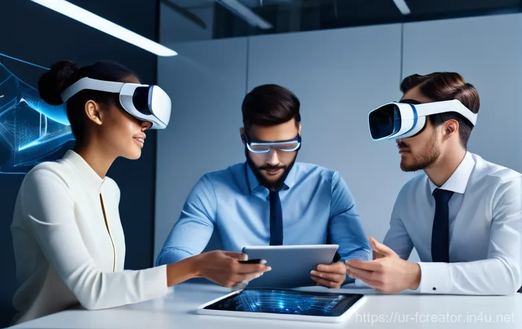 디지털 창작에서의 협업과 공유 - **Prompt:** A split image showing three diverse individuals (a man in a home office, a woman in a co...