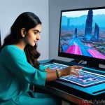 디지털 크리에이티브 시장의 트렌드 - **AI-Powered Creative Studio in Pakistan:** A vibrant, futuristic artist's studio in a bustling city...