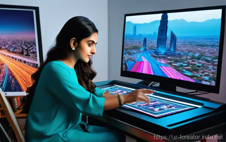 디지털 크리에이티브 시장의 트렌드 - **AI-Powered Creative Studio in Pakistan:** A vibrant, futuristic artist's studio in a bustling city...