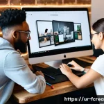 크리에이터 교육 프로그램 개발 - **Prompt:** A diverse group of young adult digital creators enthusiastically collaborating in a mode...